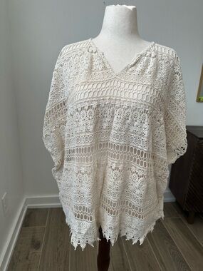 CAbi Lace Crochet Poncho in Beige
